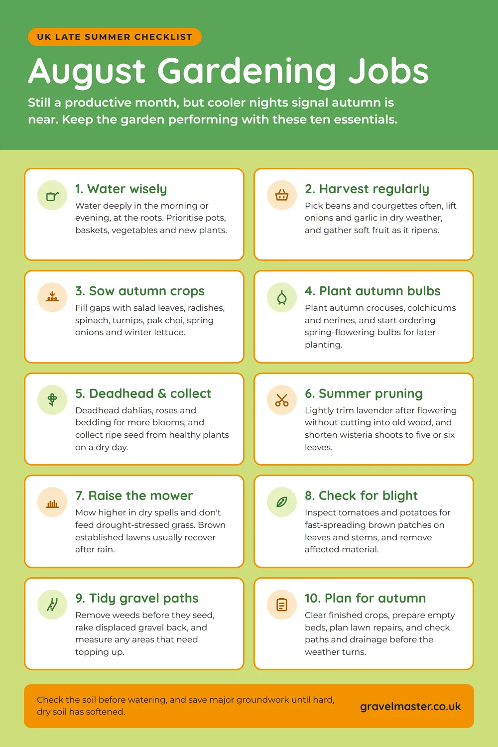 Infographic of 10 August gardening jobs for UK gardens: water wisely, harvest regularly, sow autumn crops, plant autumn bulbs, deadhead and collect seed, summer pruning, raise the mower, check for blight, tidy gravel paths and plan for autumn.