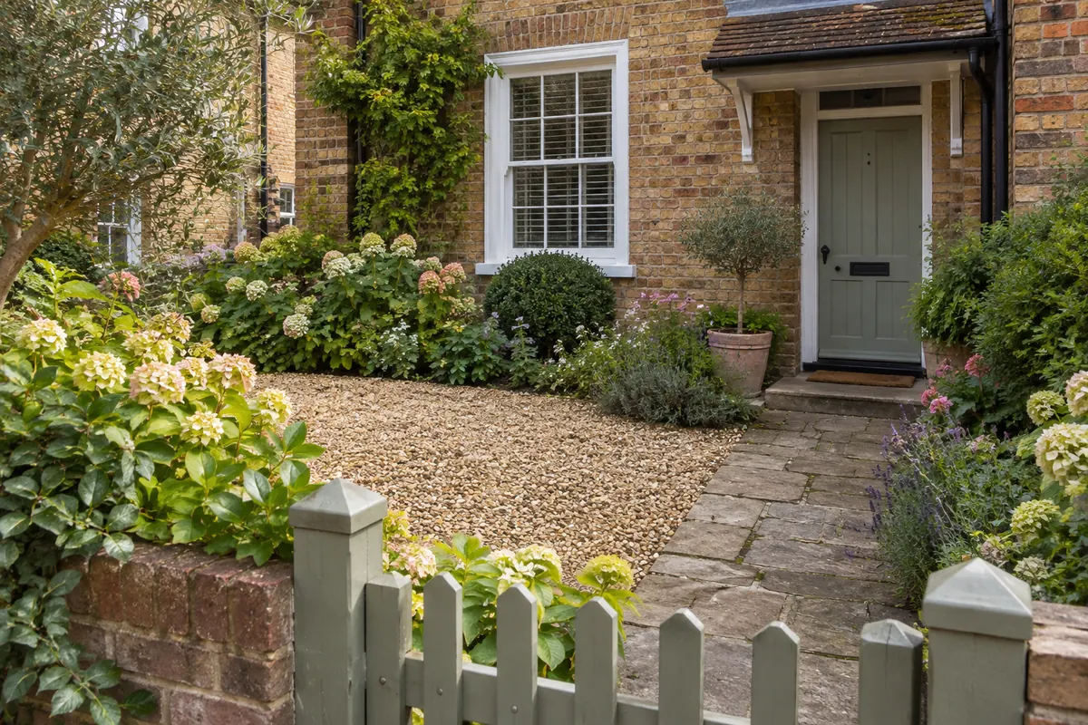 Brick cottage frontage with golden gravel, a painted gate and softly planted borders.