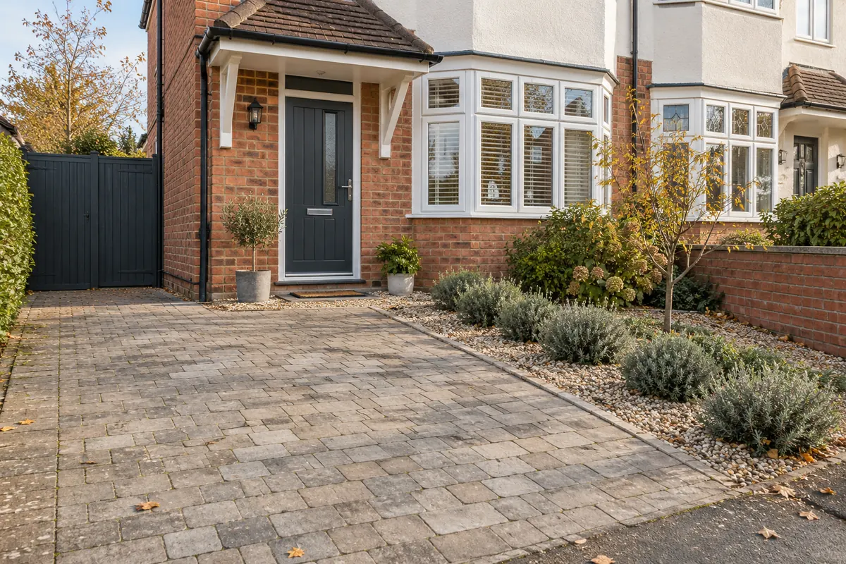 Narrow gravel and planted strip beside a paved driveway, continuing towards the front entrance.