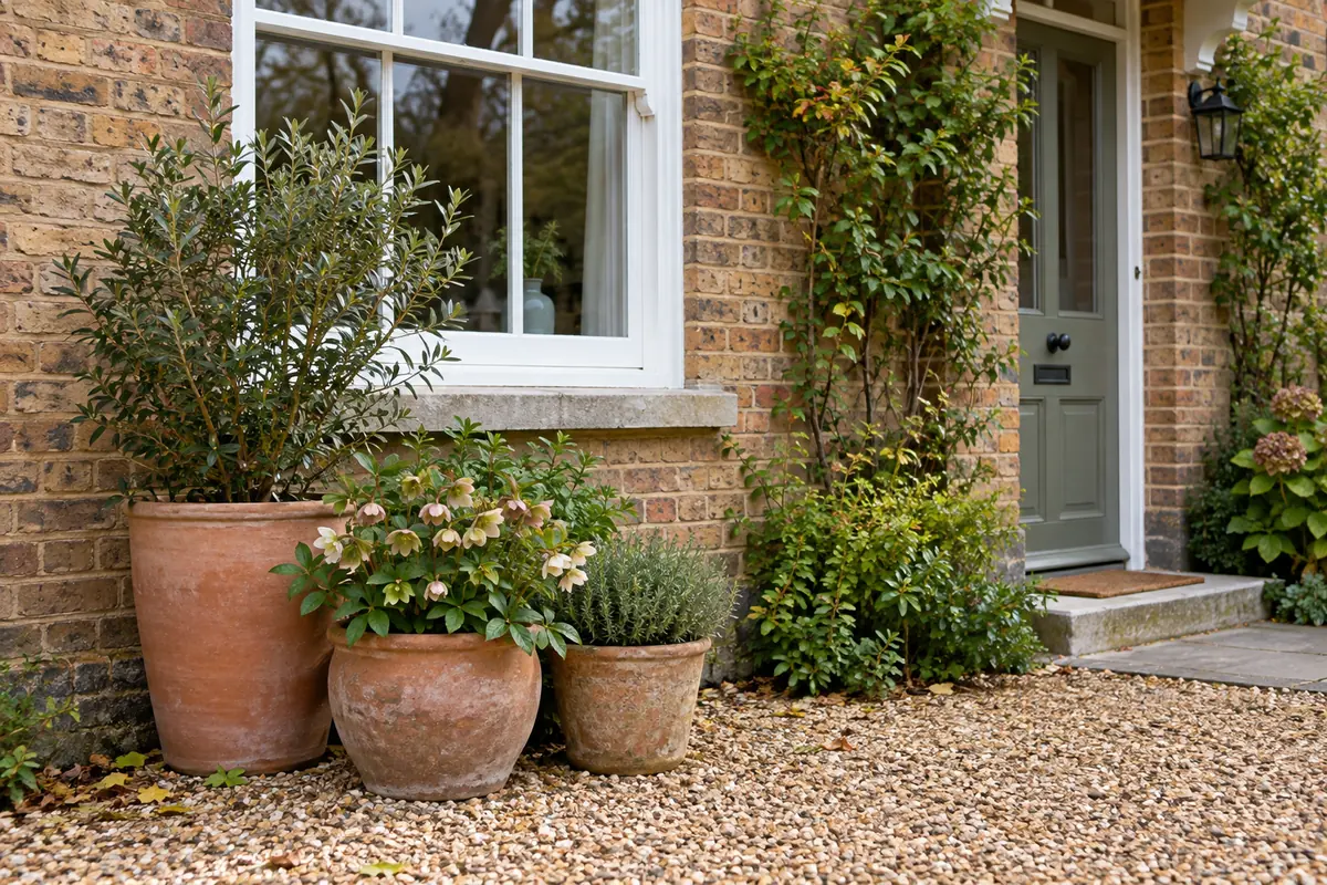 Three terracotta pots grouped on gravel beside a brick house, clear of the entrance.
