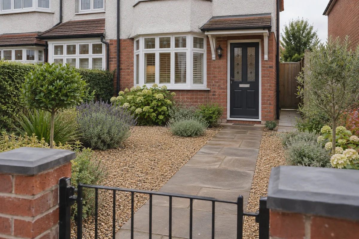 Paved path leading to a front door with gravel and planting on either side.