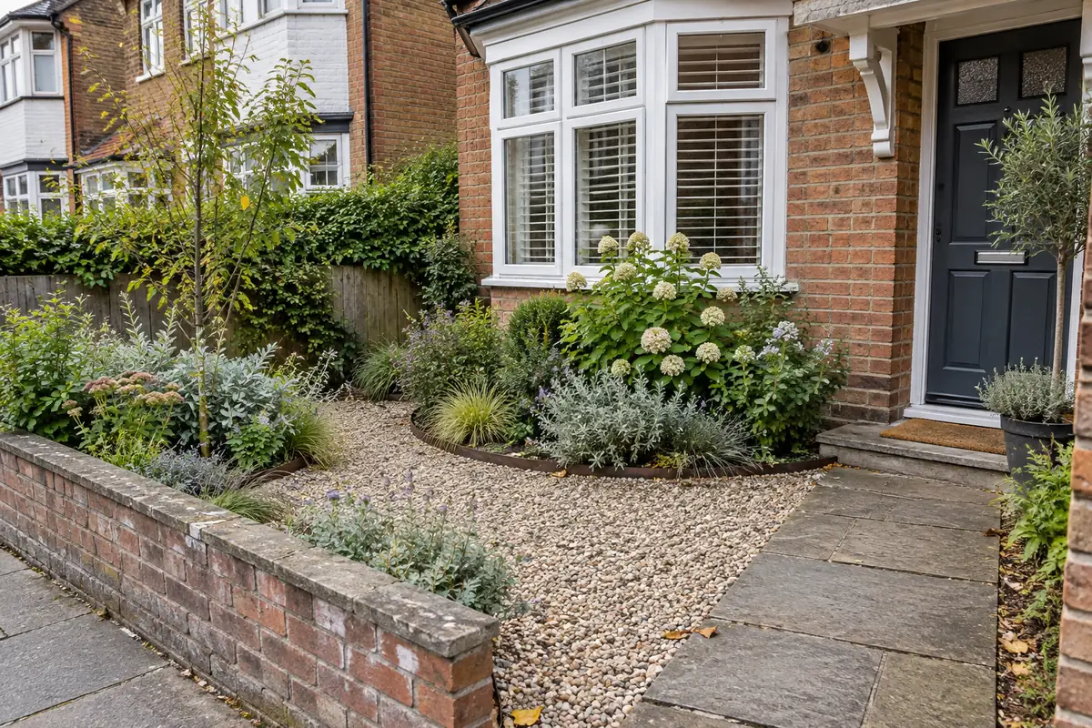 Small lawn-free front garden combining gravel, curved planted beds and a paved path.