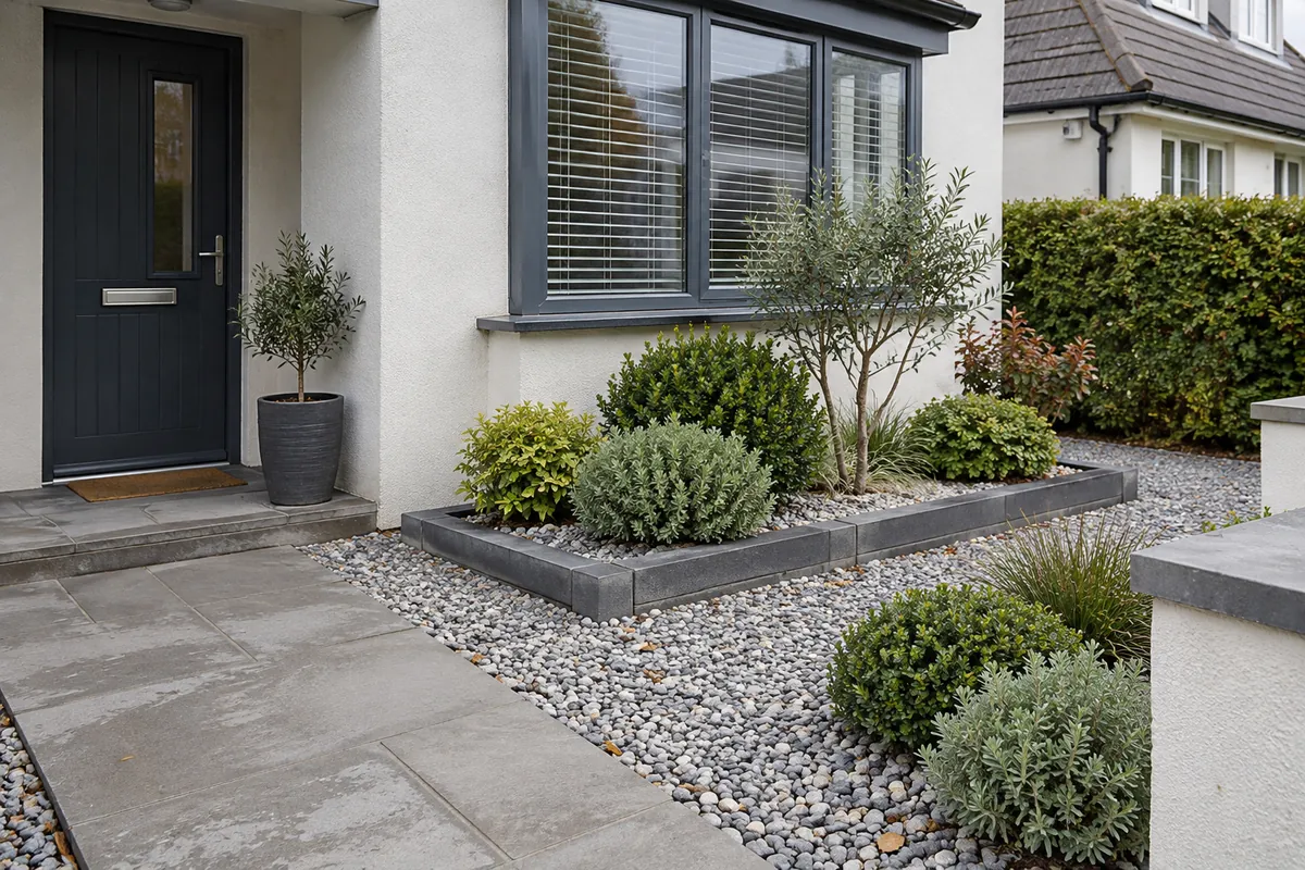 Grey gravel front garden outside a rendered house with repeated evergreen shrubs and a clear path.