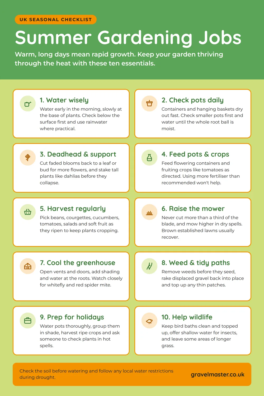 Infographic of 10 summer gardening jobs for UK gardens: water wisely, check pots daily, deadhead and support plants, feed pots and crops, harvest regularly, raise the mower, cool the greenhouse, weed and tidy paths, prepare for holidays and help wildlife.