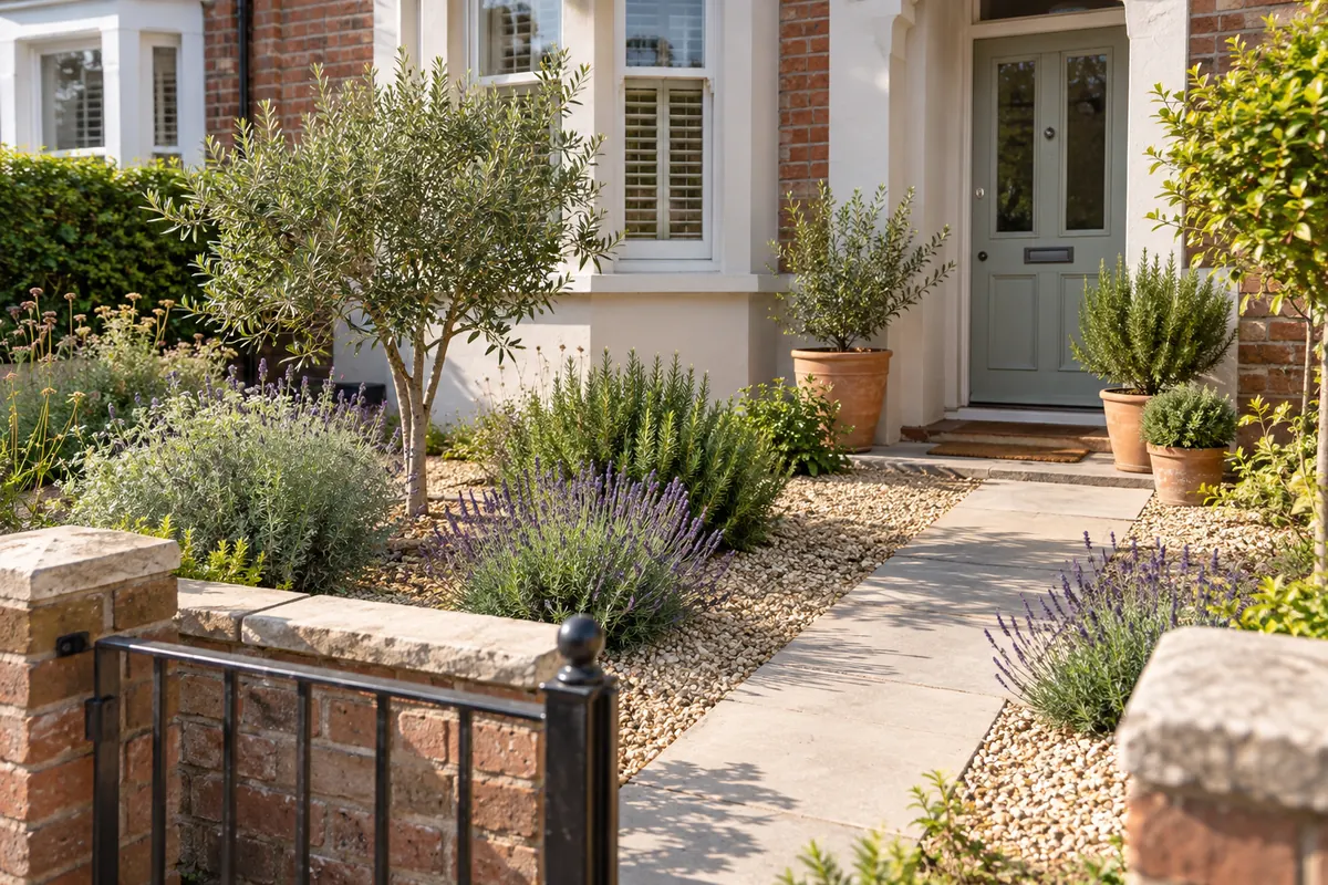 Sunny front garden with warm gravel, an olive tree, lavender, rosemary and terracotta pots beside an entrance path.